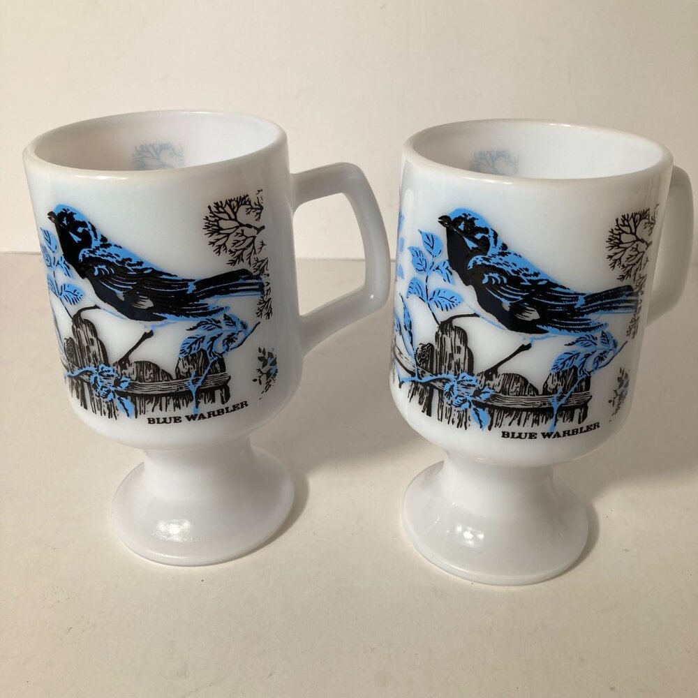 2 Vintage Milk Glass‎ Pedestal Mug Blue Warbler Design 5.25" 10oz